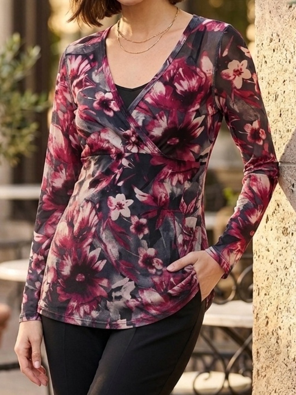 Floral Wrap Sheer Long Sleeve Top Burgundy Bloom Dark Boho Blouse